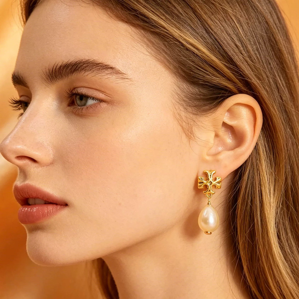 Tory Burch Gold Plated Double Logo Natural Freshwater Pearl Stud Earrings